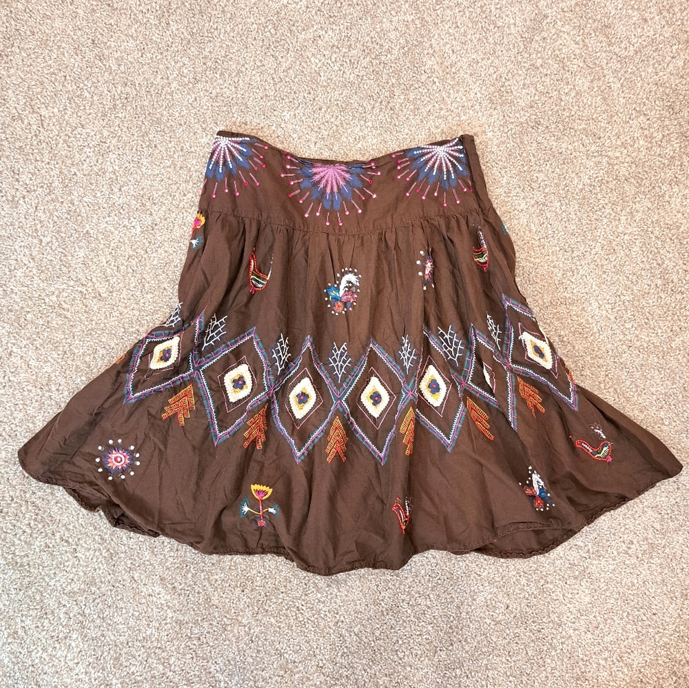 90's Vintage Brown Fairycore Boho Embroidered Beaded Skirt Size 9